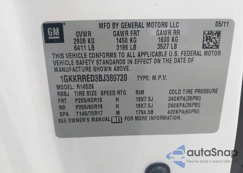 2011 GMC Acadia Slt-1 из США, поврежденный, VIN 1GKKRRED3BJ389720